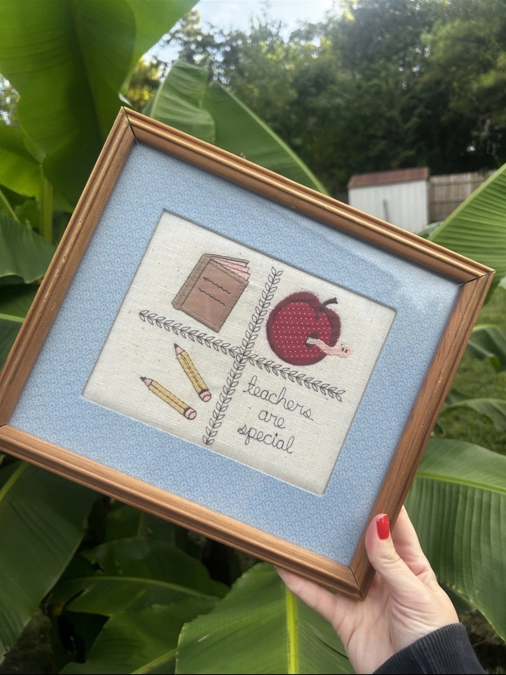 Vintage Valorie’s Folk Art Original Hand Embroidery 9x11 Teach Gift Frame